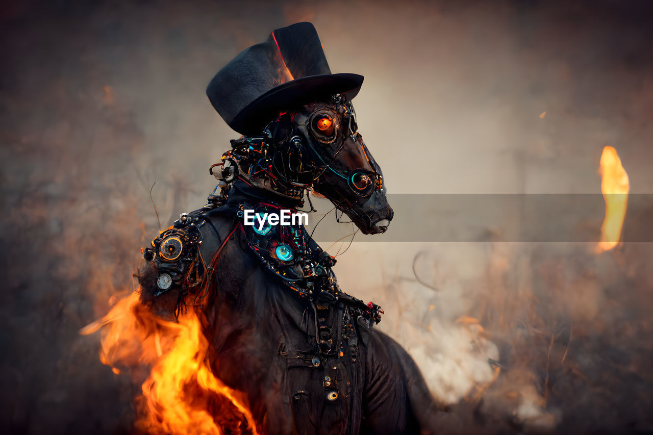 Burning cyberpunk gipsy horse in gothic clothes and black cylider hat, neural network generated art