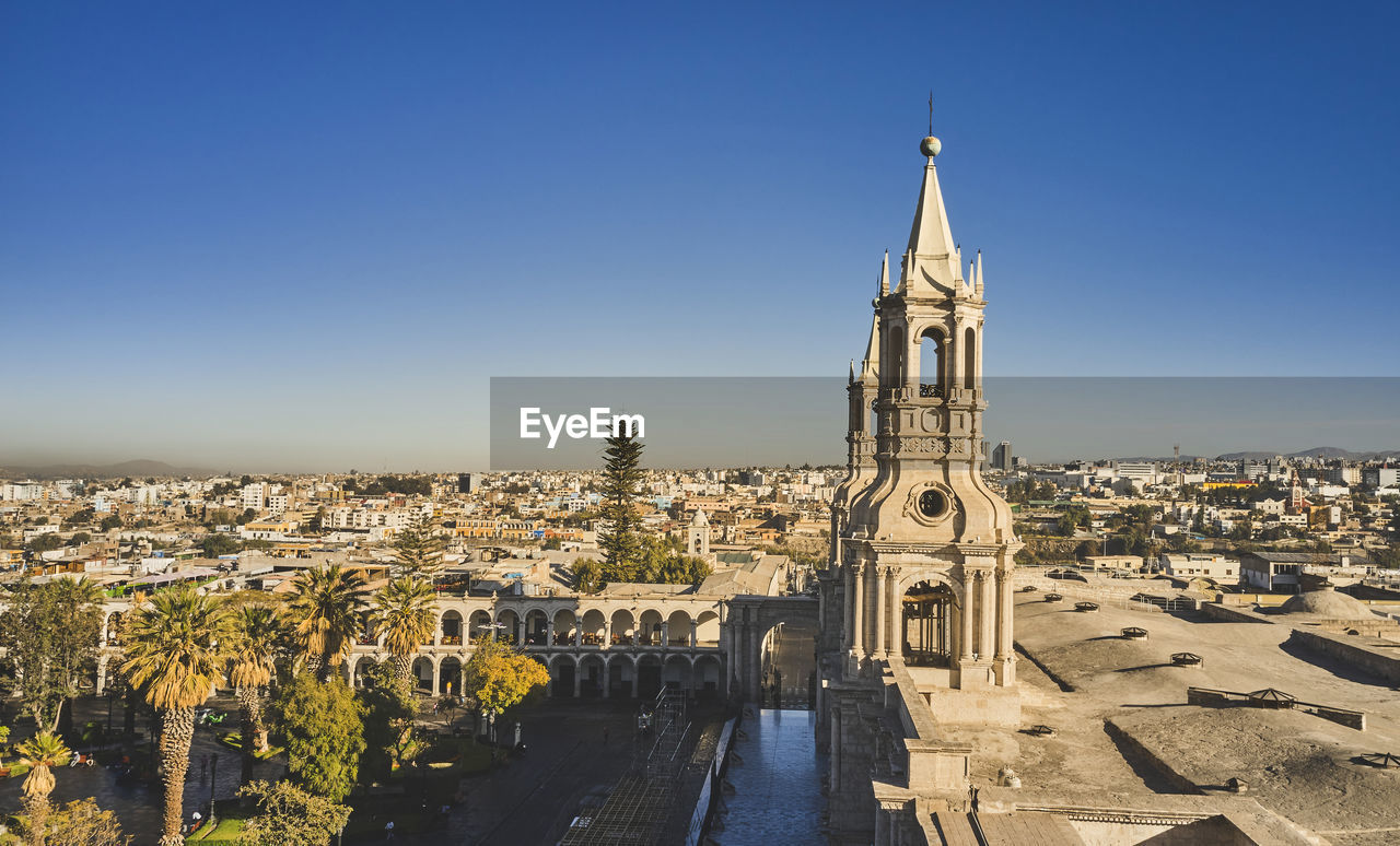 Aerial drone view of arequipa main square and cathedral church at sunset. arequipa, peru.