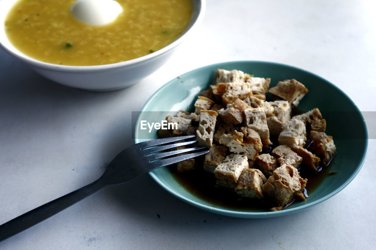 High angle view of food in bowls on table