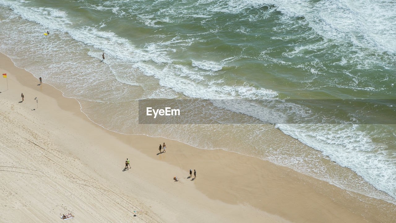 land, beach, water, sea, sand, wave, motion, sports, wind wave, nature, surfing, water sports, shore, beauty in nature, high angle view, body of water, day, scenics - nature, ocean, coast, leisure activity, vacation, group of people, trip, holiday, outdoors, tranquility, animal, singing sand, travel destinations, travel, animal themes, lifestyles, sunlight, natural environment