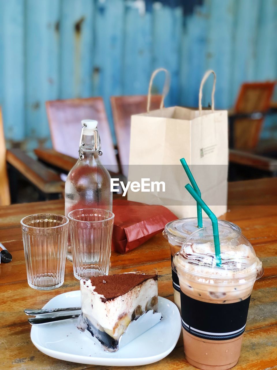 Close-up of drink and dessert on table