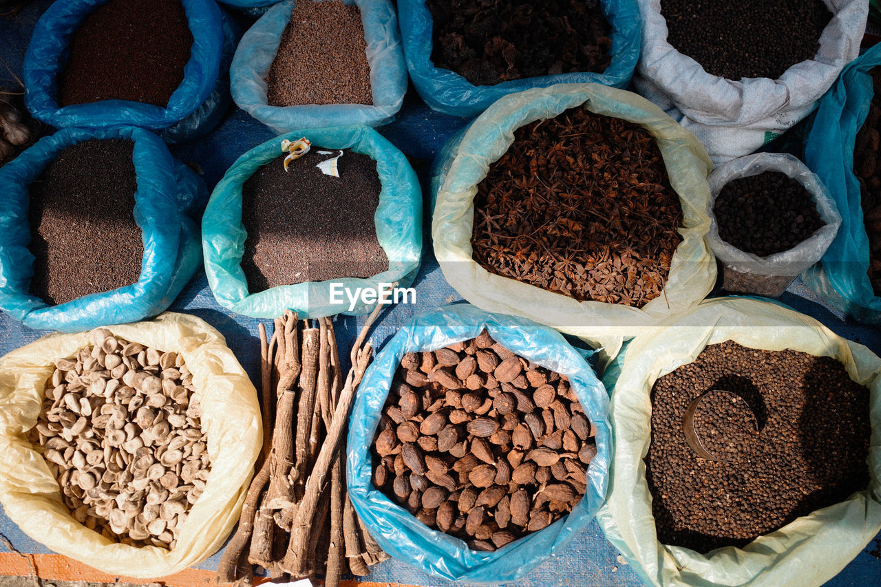 High angle view of spices for sale in market