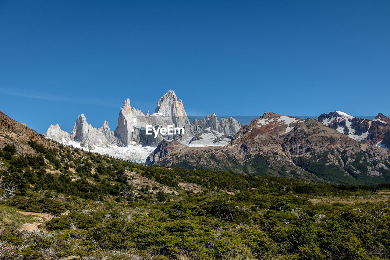 panoramic view of snowcapped mountains against clear blue sky