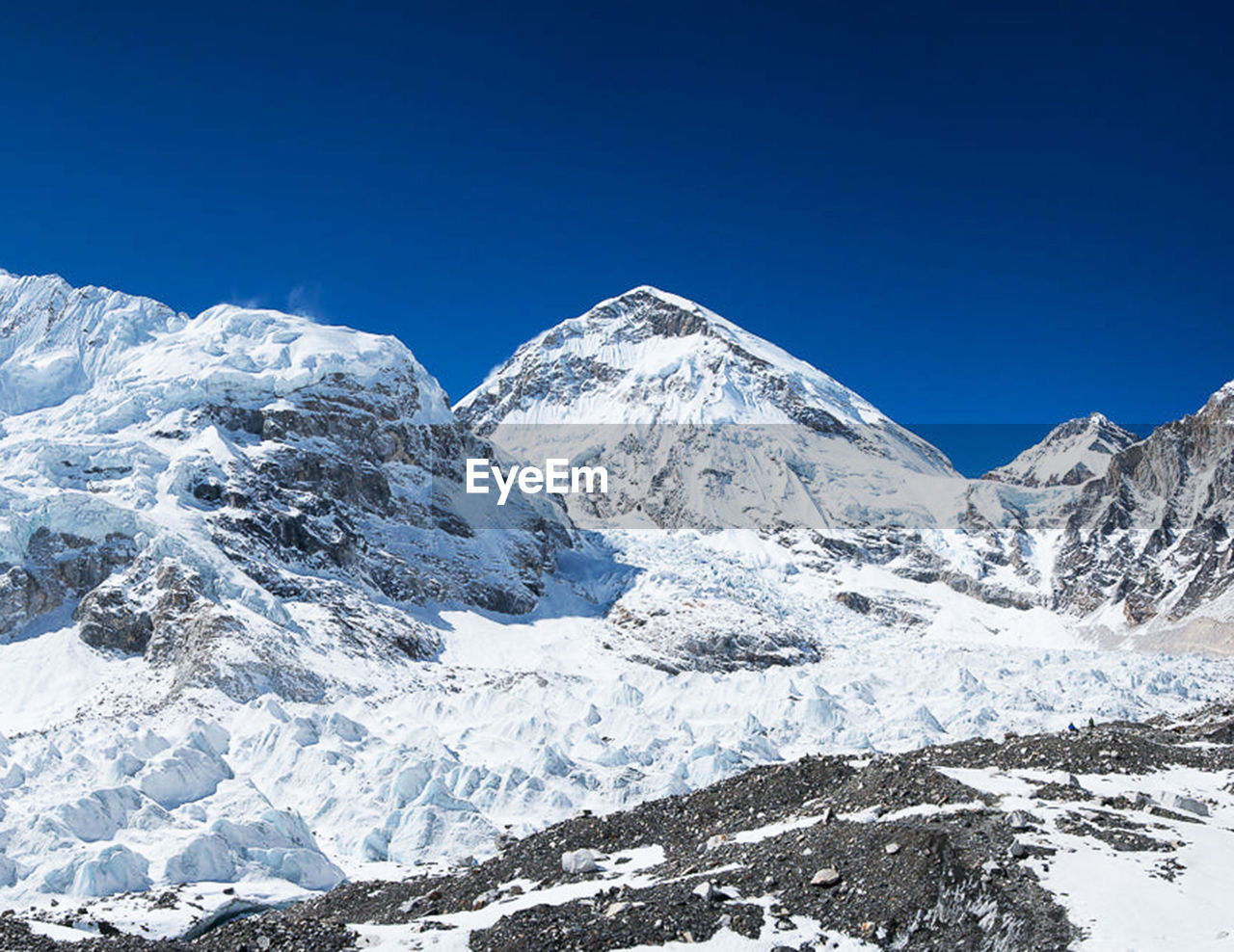 Snowcapped mountains against clear blue sky