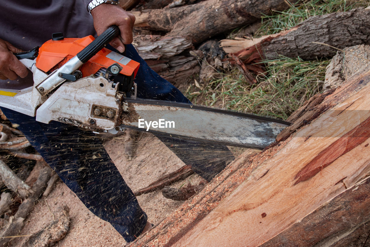 REAR VIEW OF MAN WORKING ON WOODEN WOOD