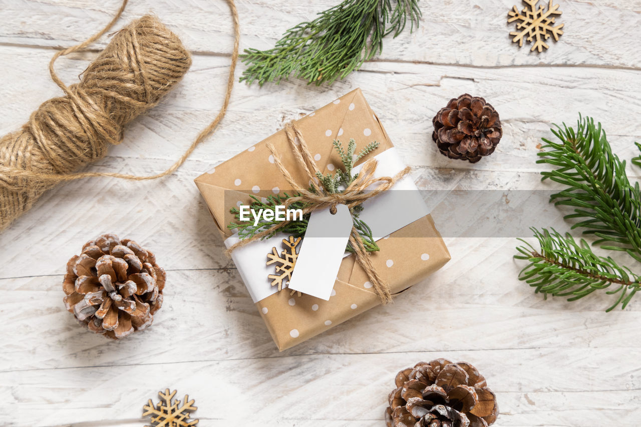 HIGH ANGLE VIEW OF PINE CONES ON TABLE