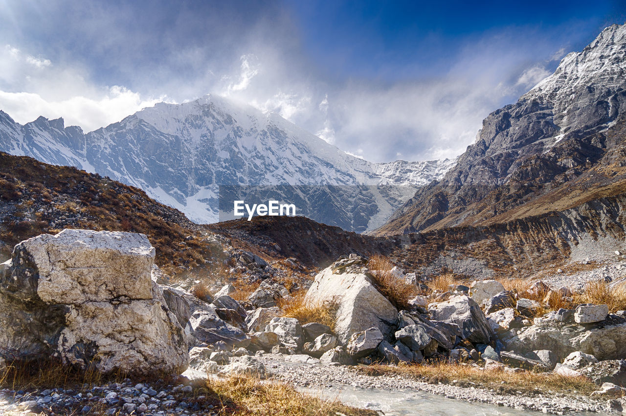 Scenic view of snowcapped mountains against sky