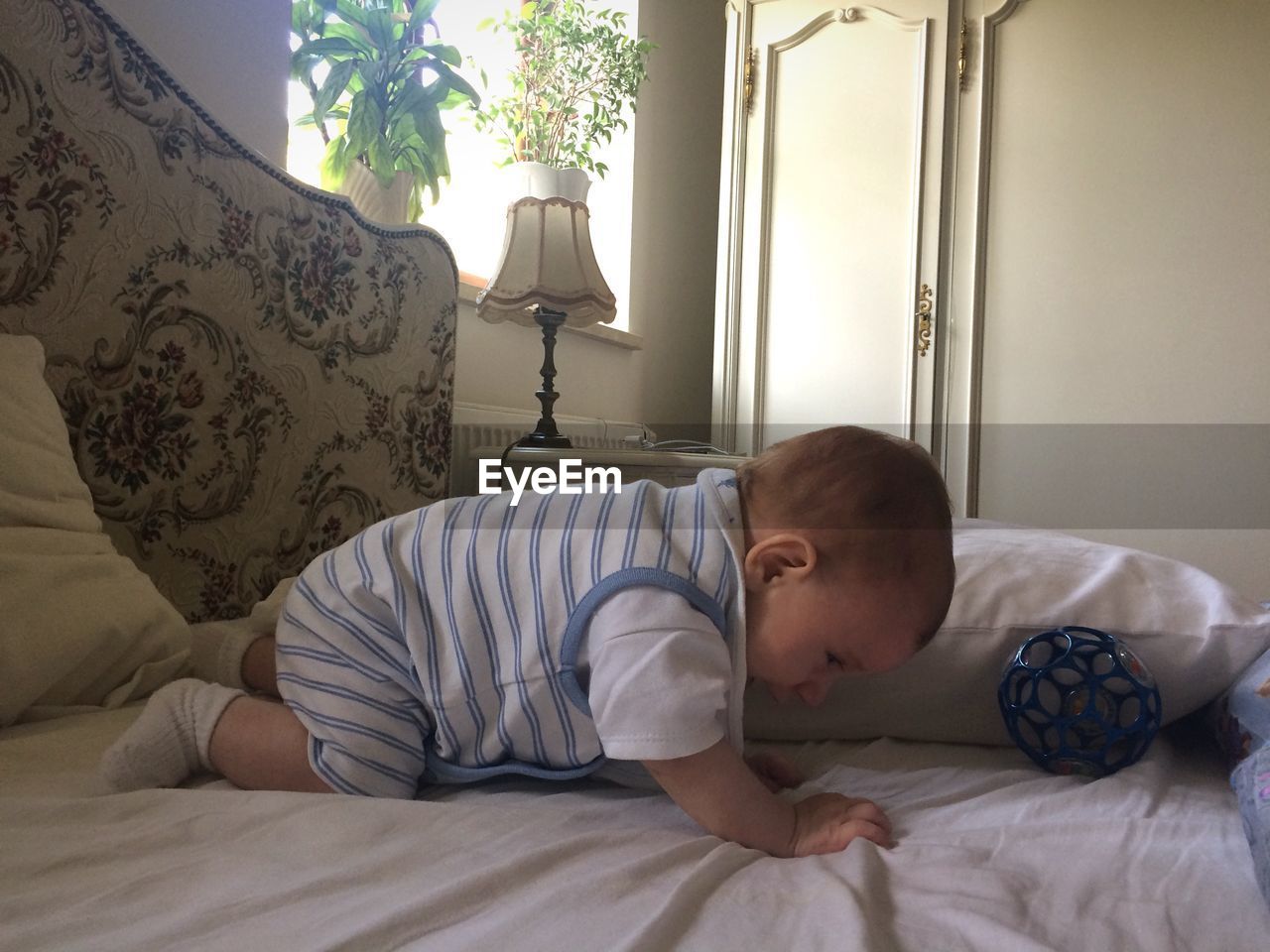 Cute baby boy crawling on bed at home