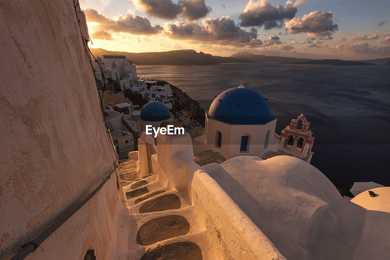 Historic building in santorini during sunrise