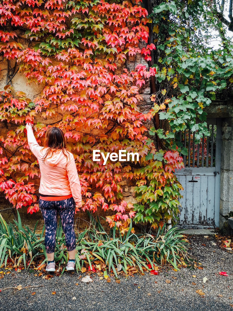 Rear view of person standing by leaves during autumn. 