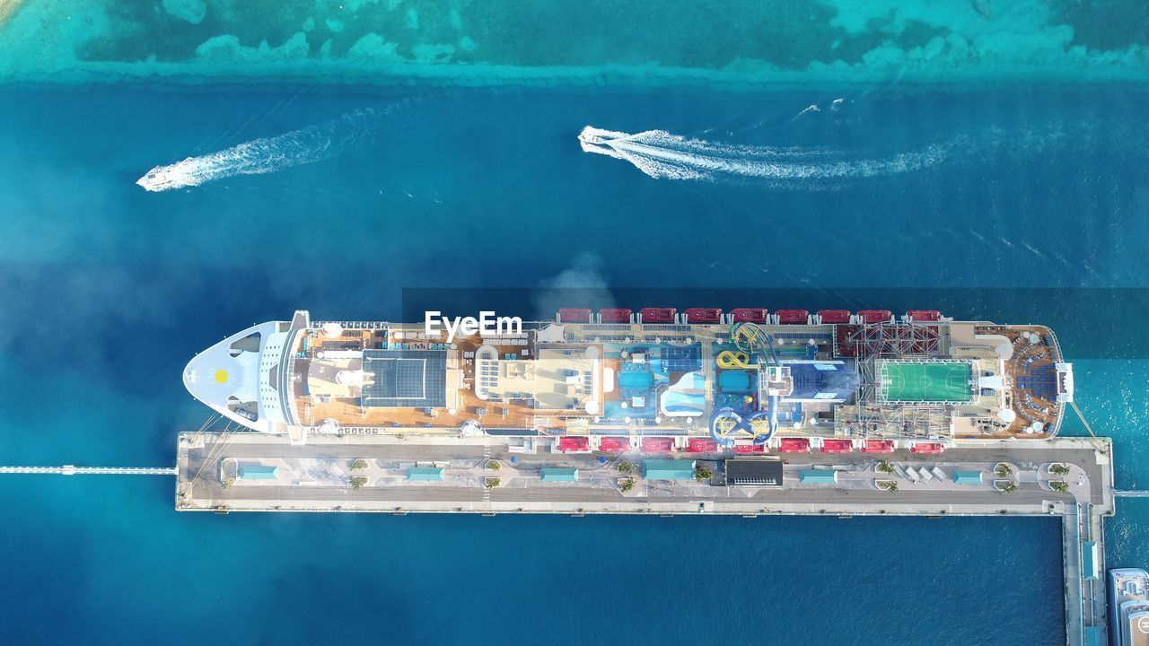 Aerial view of ship moored on sea
