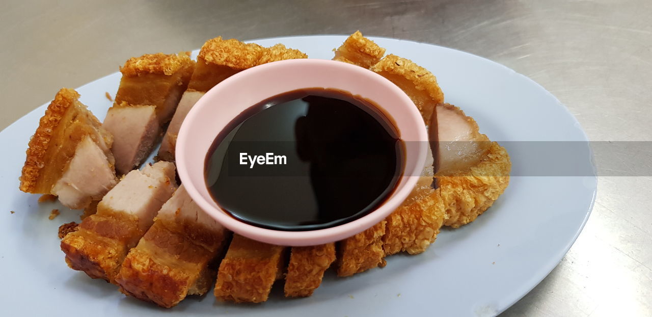 High angle view of breakfast served on table