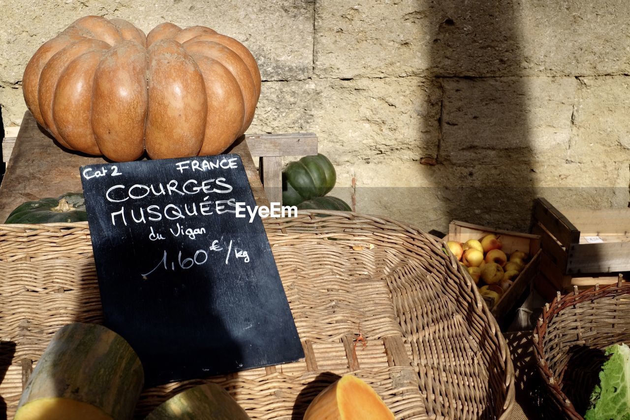 High angle view of pumpkin for sale at market stall