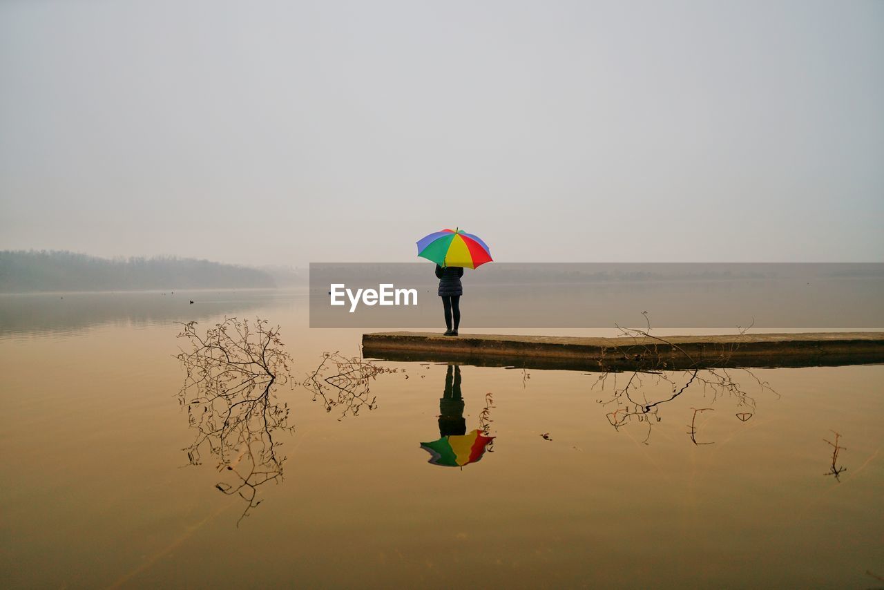 Rear view of woman with colorful umbrella standing by lake against clear sky