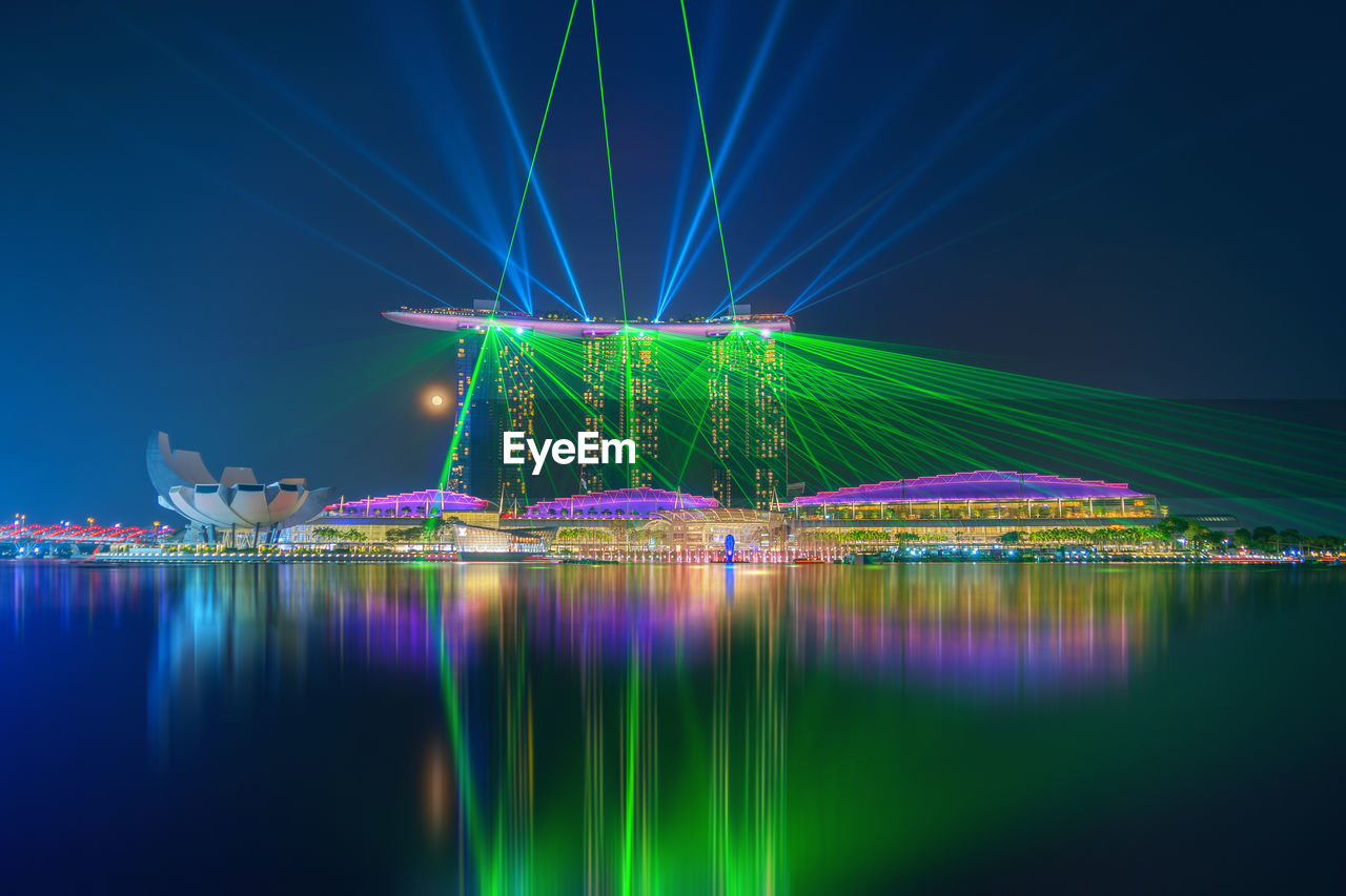 Reflection of illuminated buildings in river at night