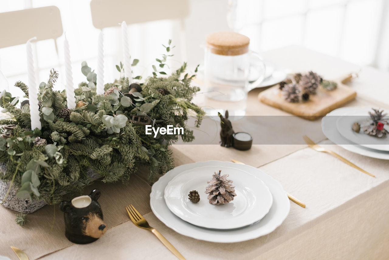 Stylish christmas table setting a composition of fir branches, white plates decorated with cones