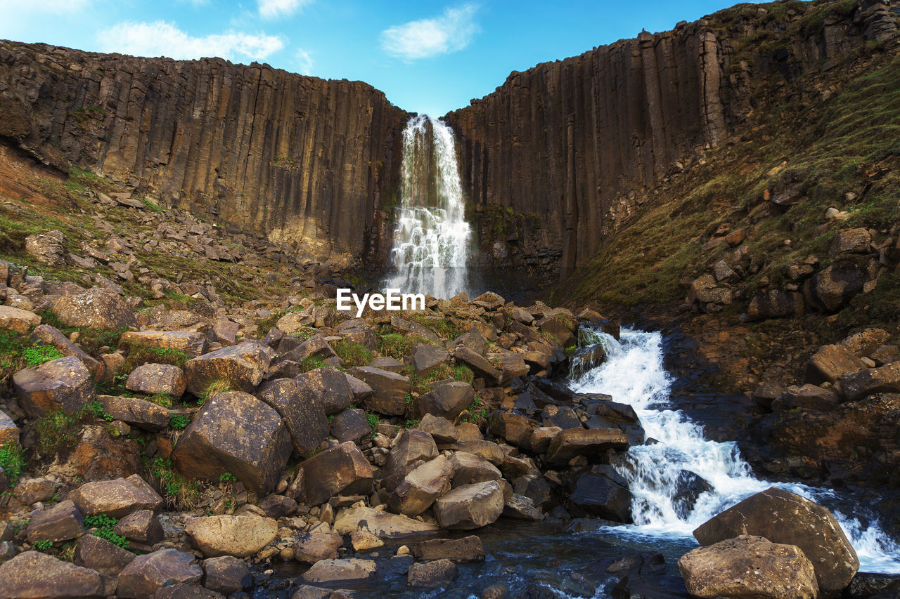 panoramic view of waterfall in forest