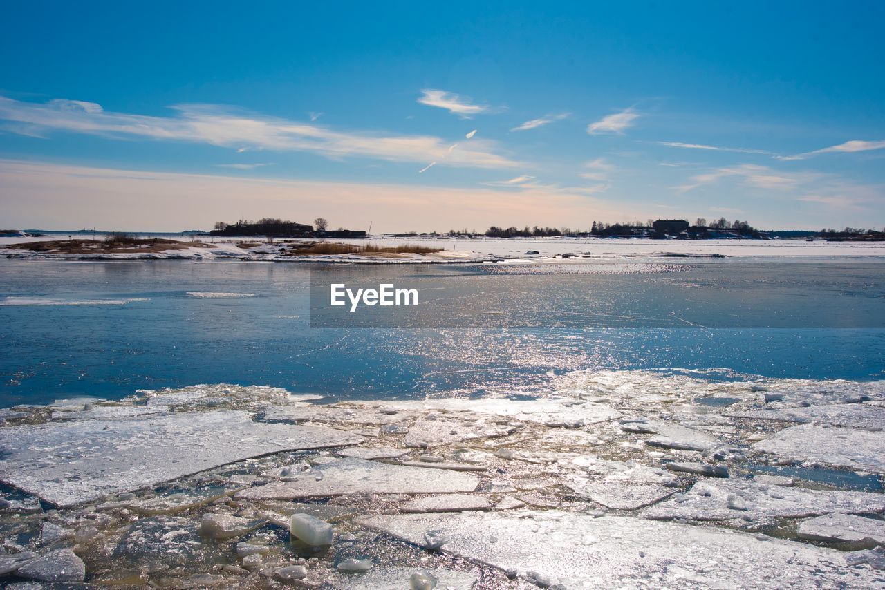 Scenic view of sea against blue sky