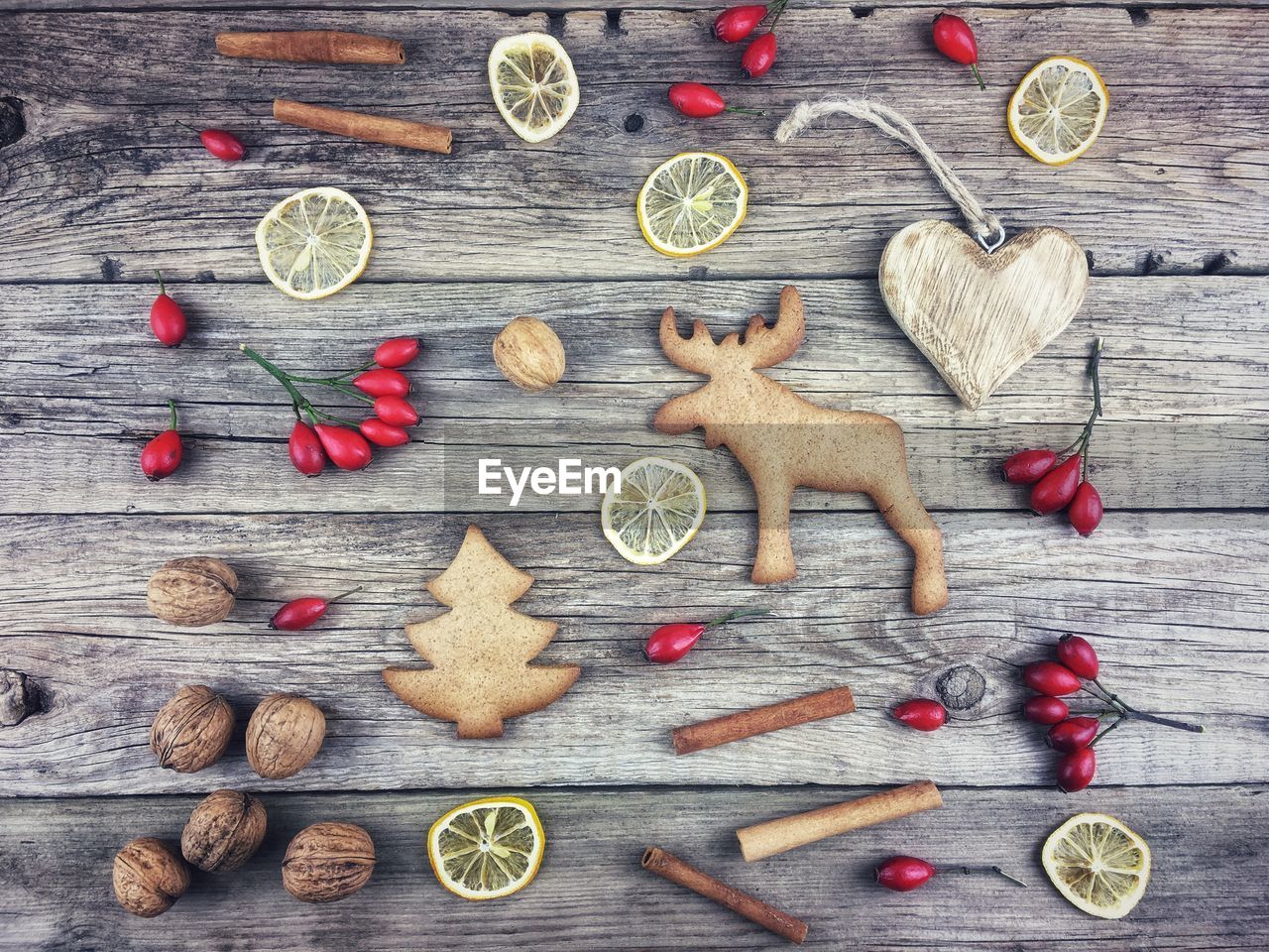 High angle view of food on wooden table during christmas