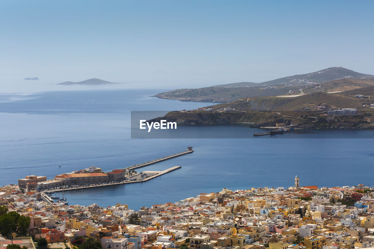 Harbour of ermoupoli town as seen from above, greece.