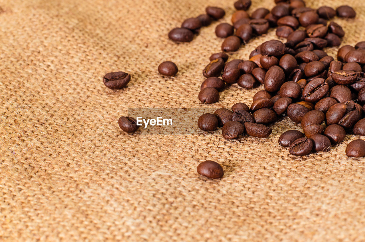 Close-up of coffee beans on burlap