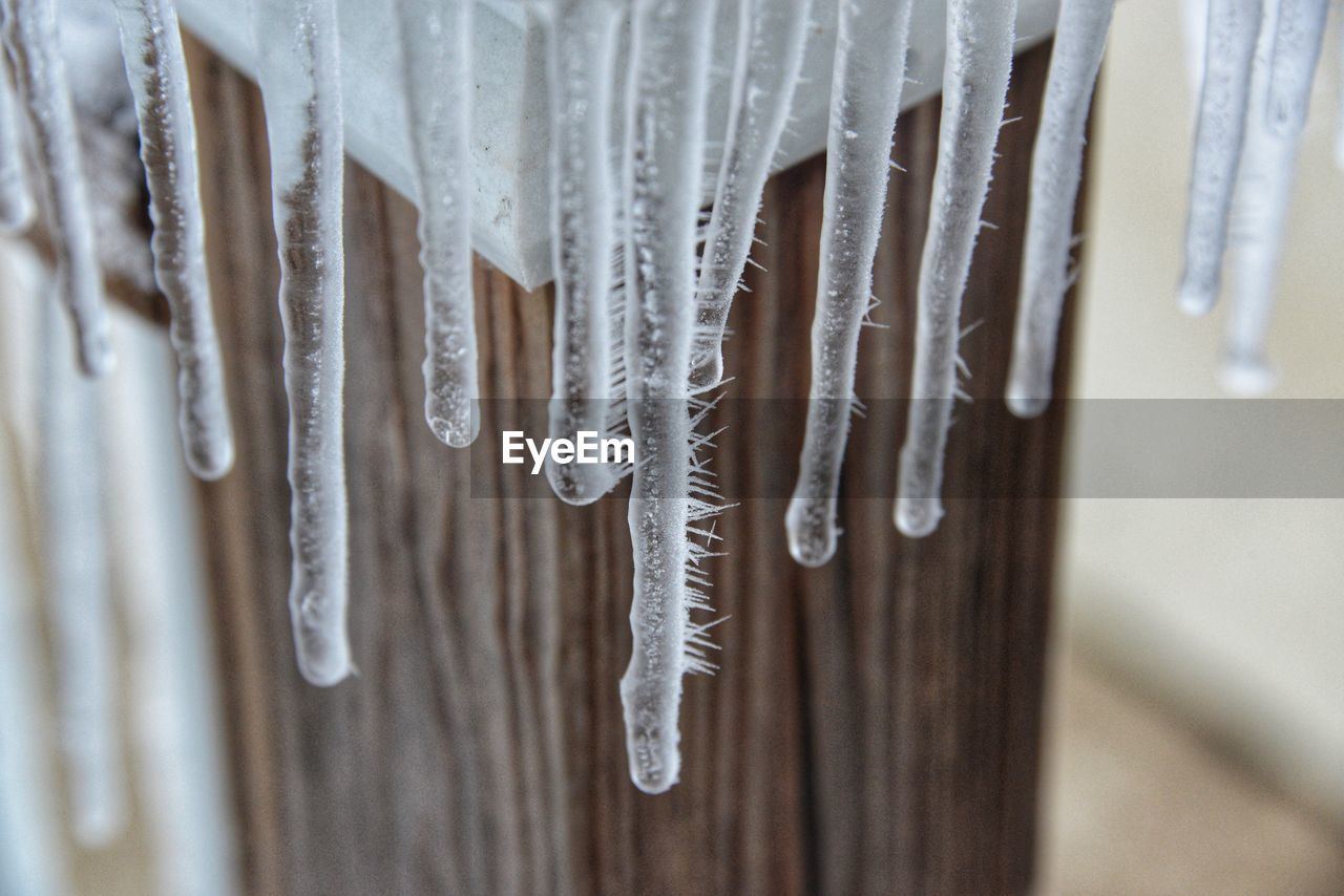 CLOSE-UP OF ICICLES HANGING ON WOOD IN SNOW