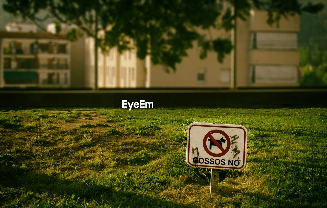 CLOSE-UP OF ROAD SIGN AGAINST GRASS