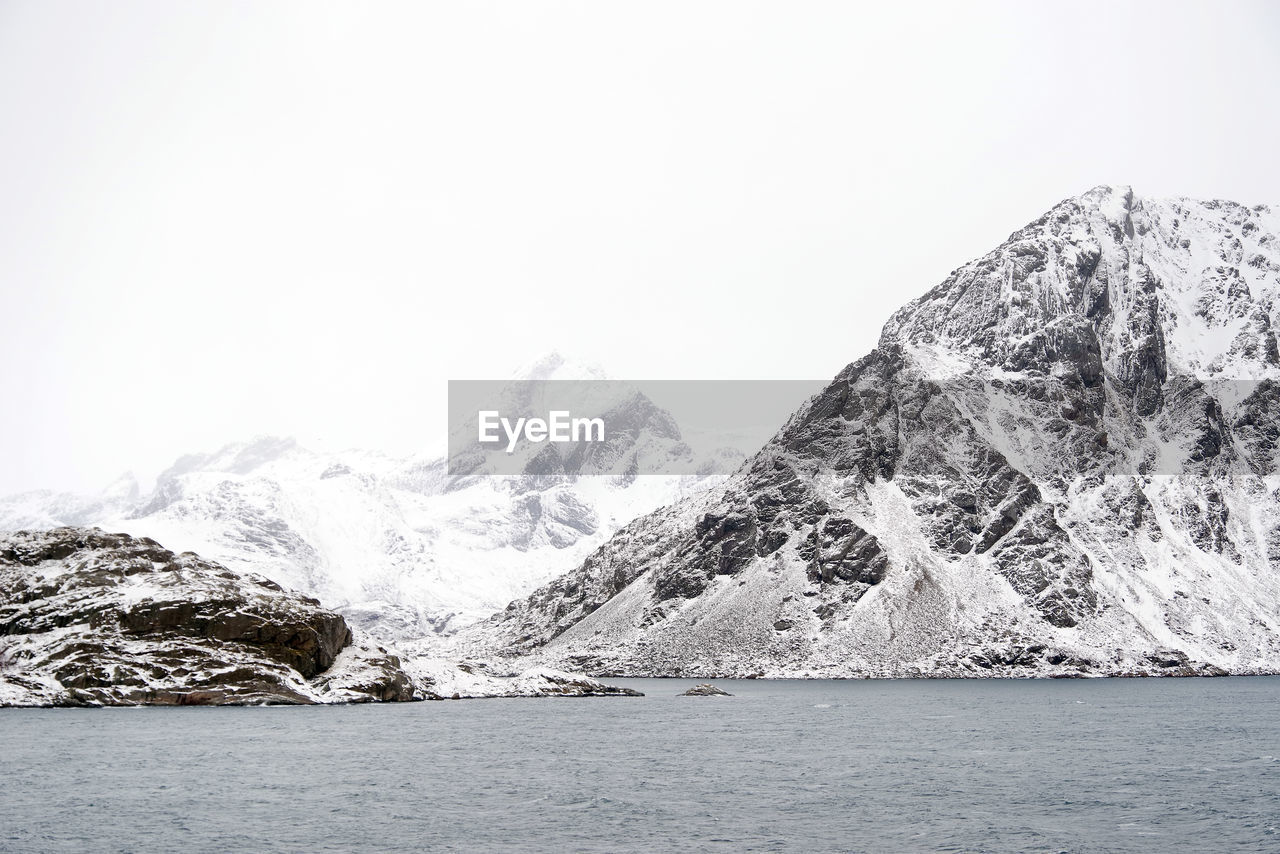 Snowcapped mountains and lake against sky