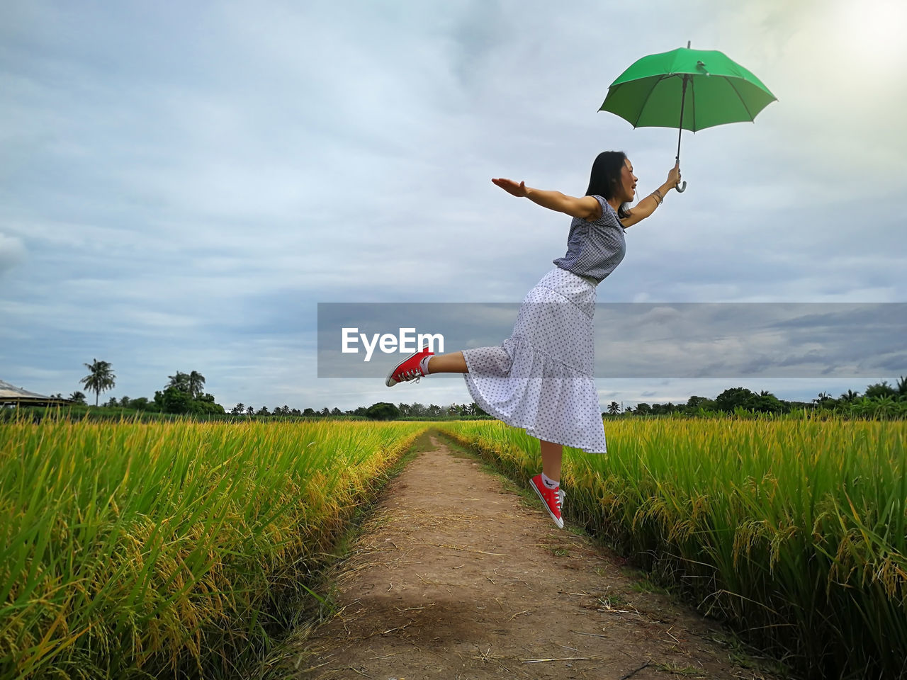 Woman jumping with umbrella over plants against sky