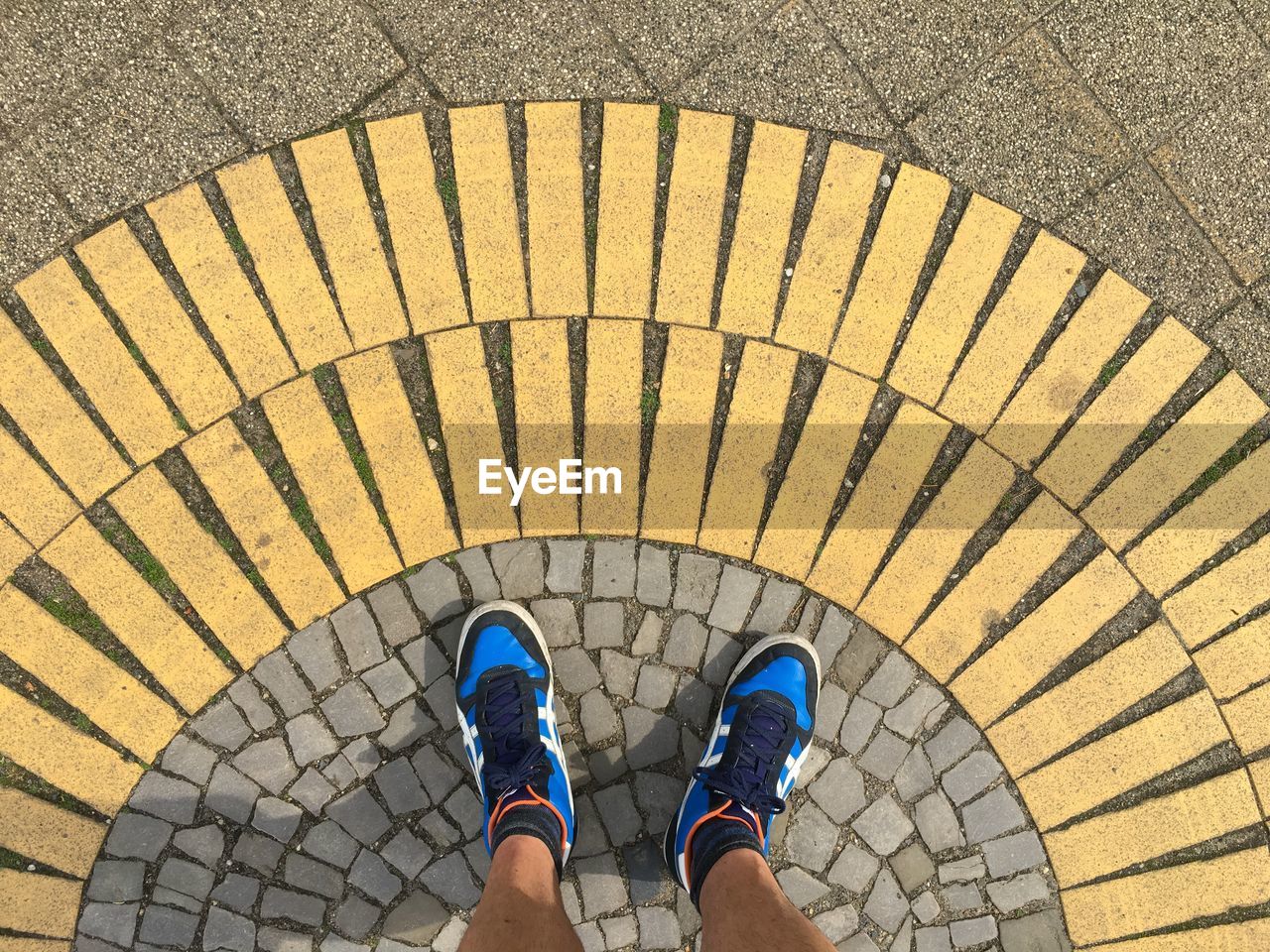 Low section of man wearing shoe standing on cobblestone at street