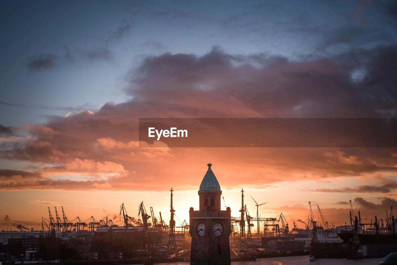 Clock tower against cloudy sky during sunset