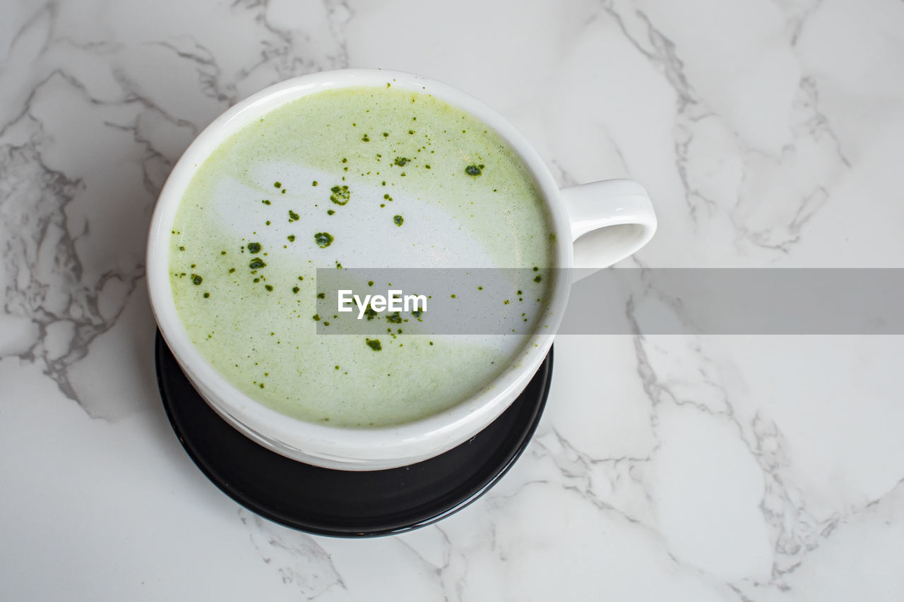 food and drink, drink, refreshment, food, indoors, cup, freshness, mug, tea, hot drink, healthy eating, wellbeing, high angle view, studio shot, no people, crockery, matcha tea, coffee cup, still life, close-up, coffee, produce