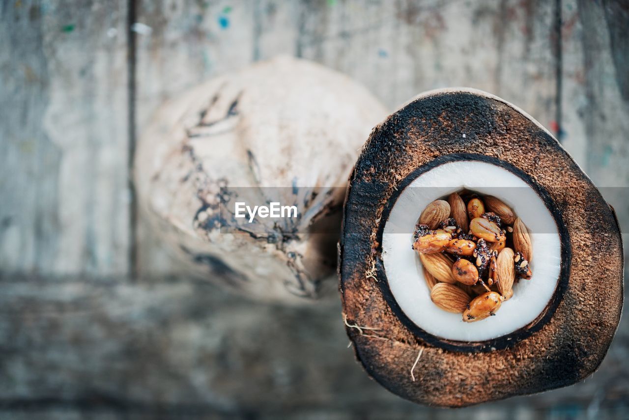 High angle view of nuts in coconut