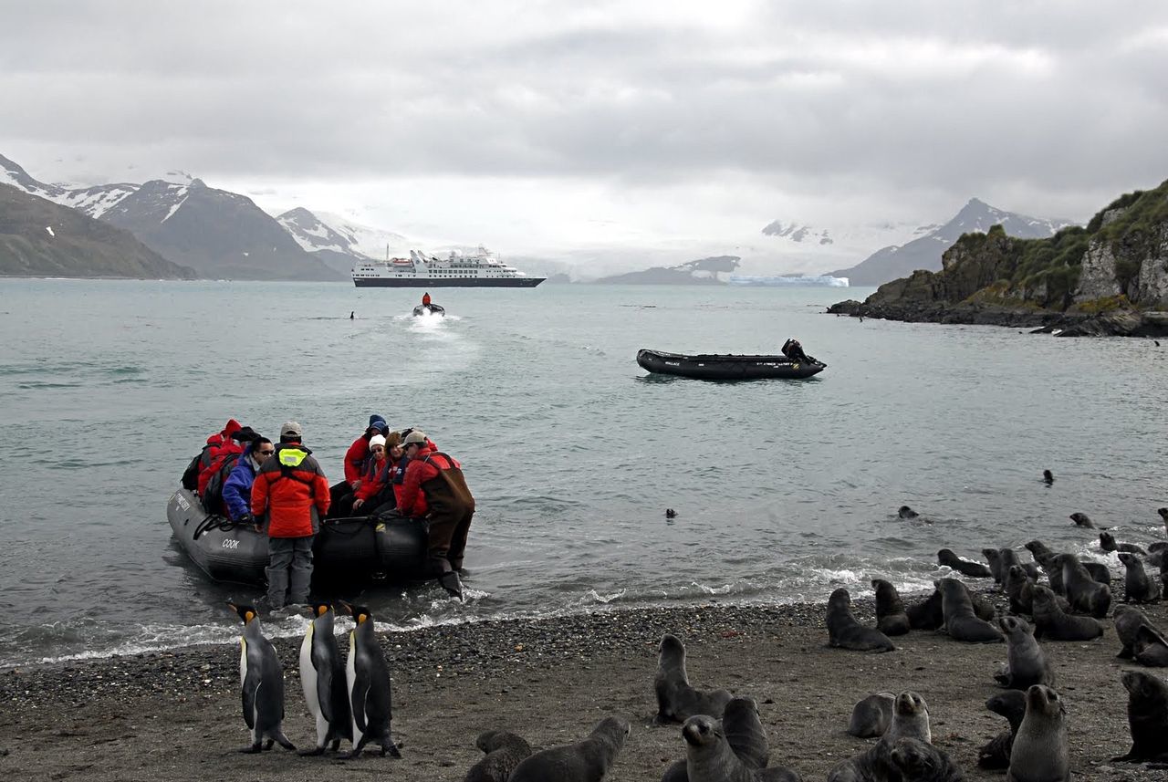 People with inflatable raft and animals on shore against sky