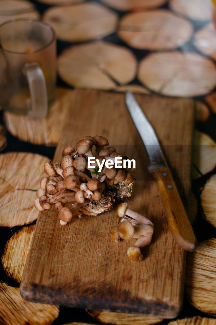 High angle view of mushrooms on table