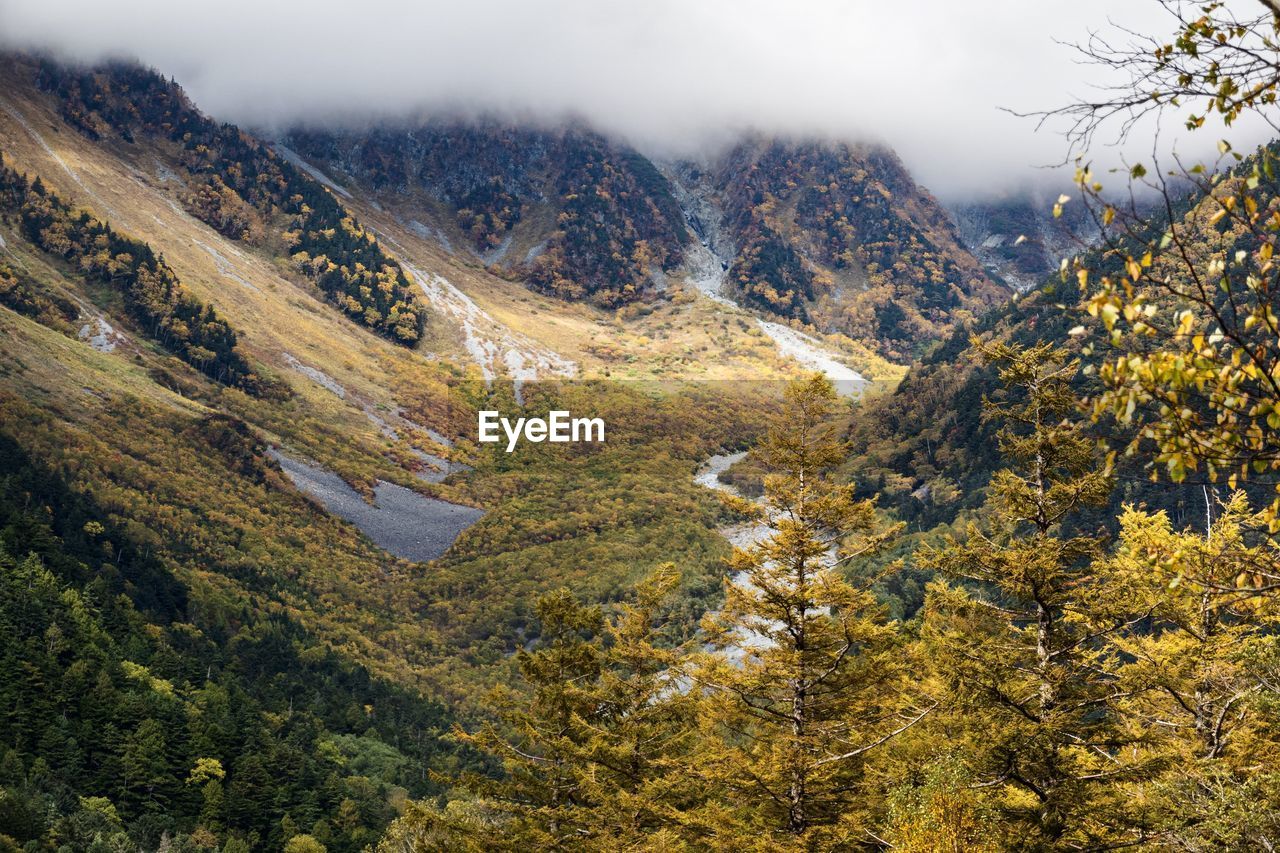 Scenic view of mountains against sky during autumn