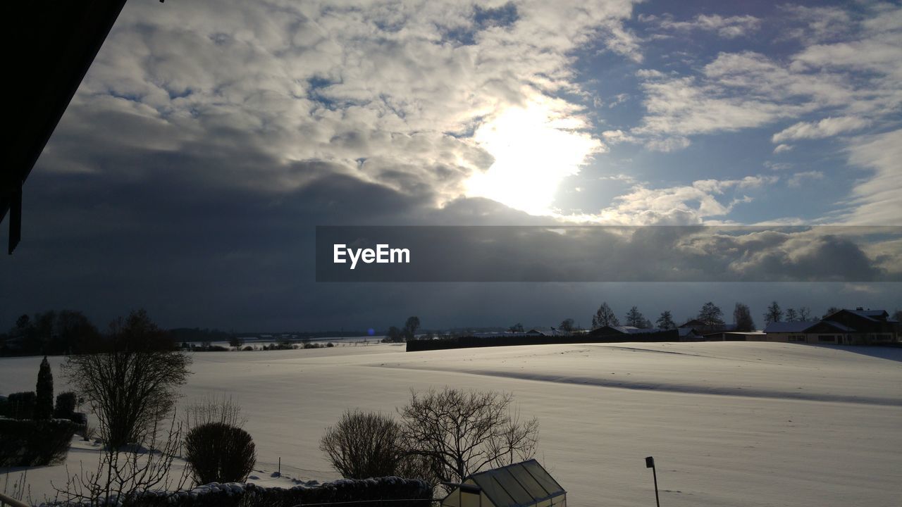 VIEW OF SNOW COVERED LANDSCAPE AGAINST CLOUDY SKY