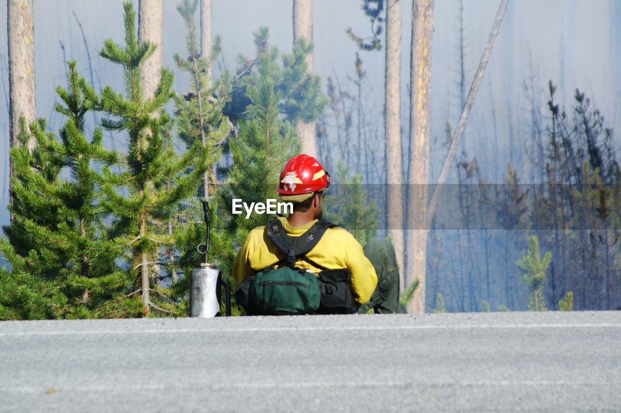 Man sitting on road against trees forest fire 