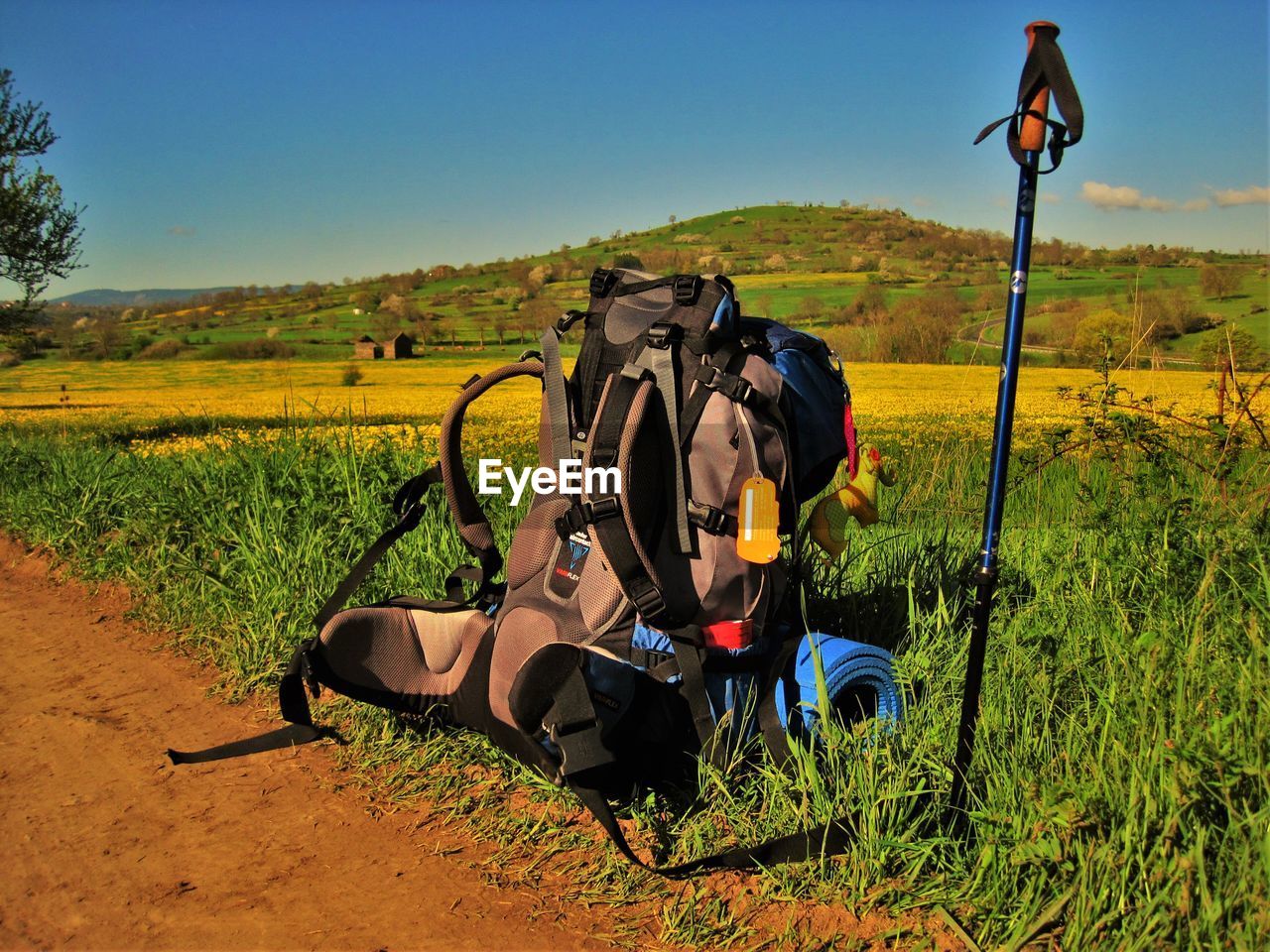 Backpack on grassy landscape against clear sky