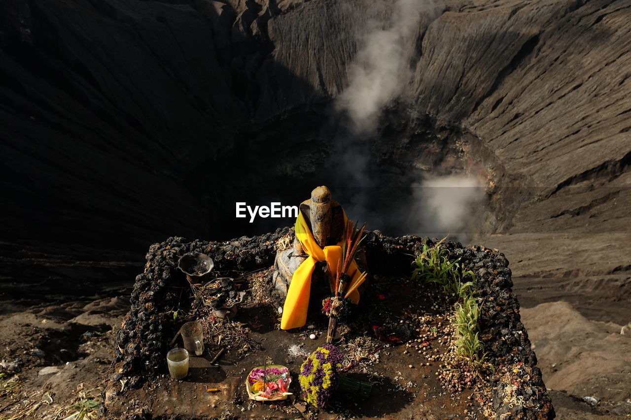High angle view of ganesha idol on mountain