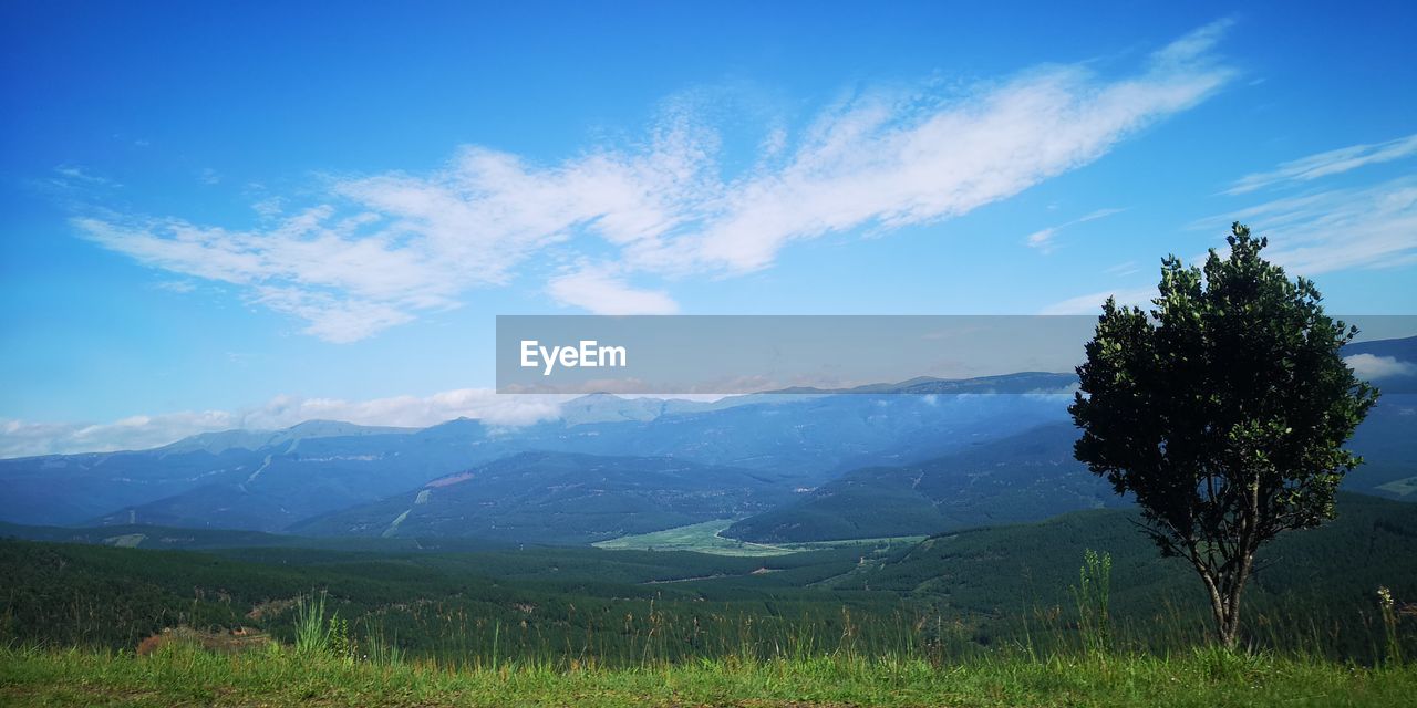 Scenic view of landscape and mountains against blue sky