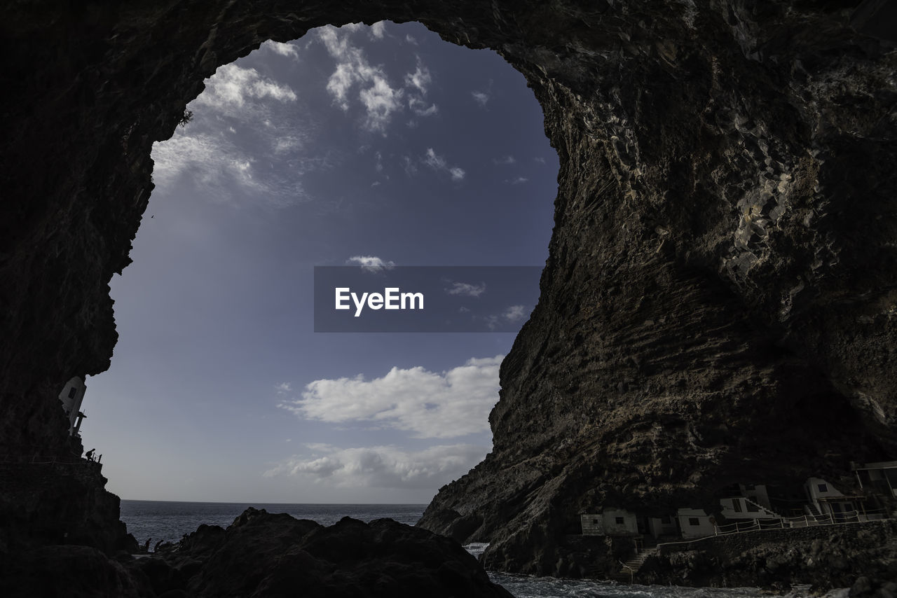 Scenic view of sea against sky seen through cave