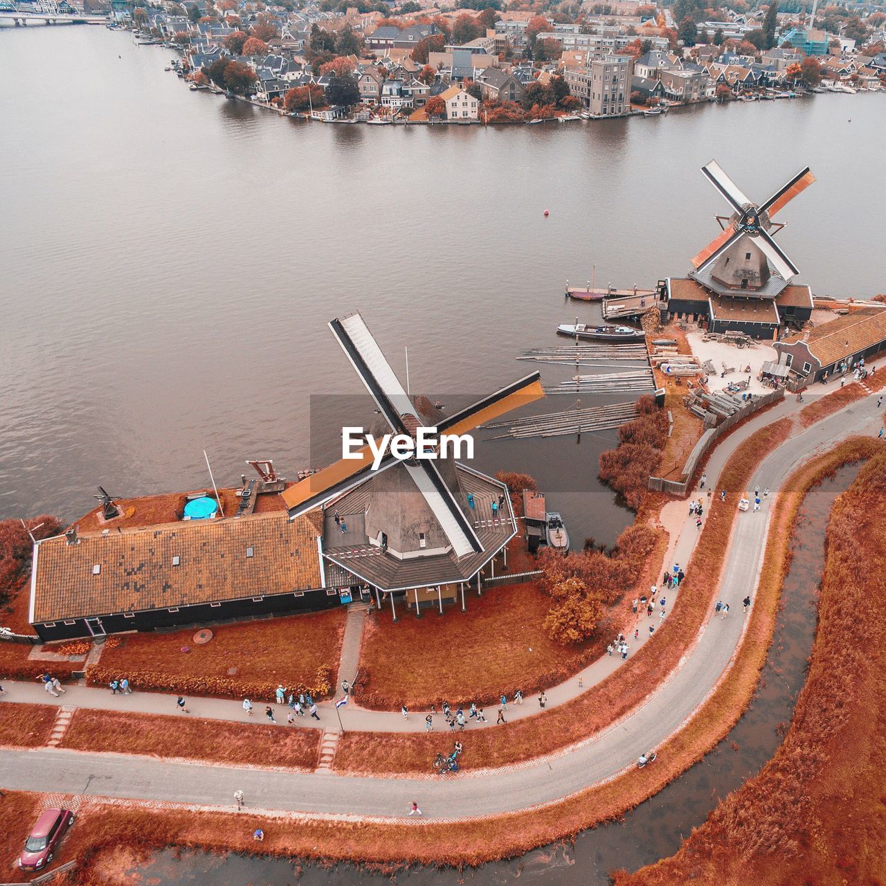 High angle view of windmills by the lake