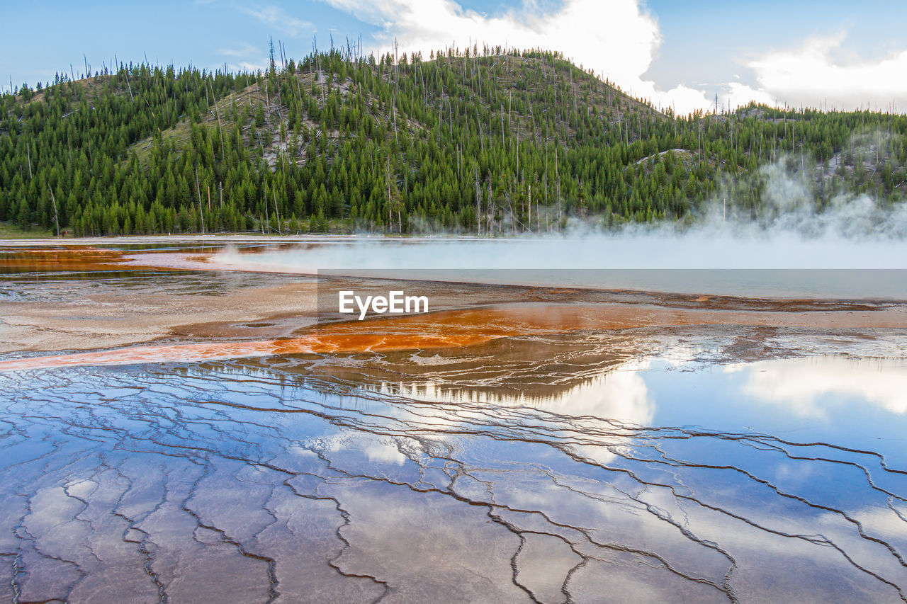 Late afternoon boardwalk-level view of grand prismatic spring in yellowstone national park, wy, usa.