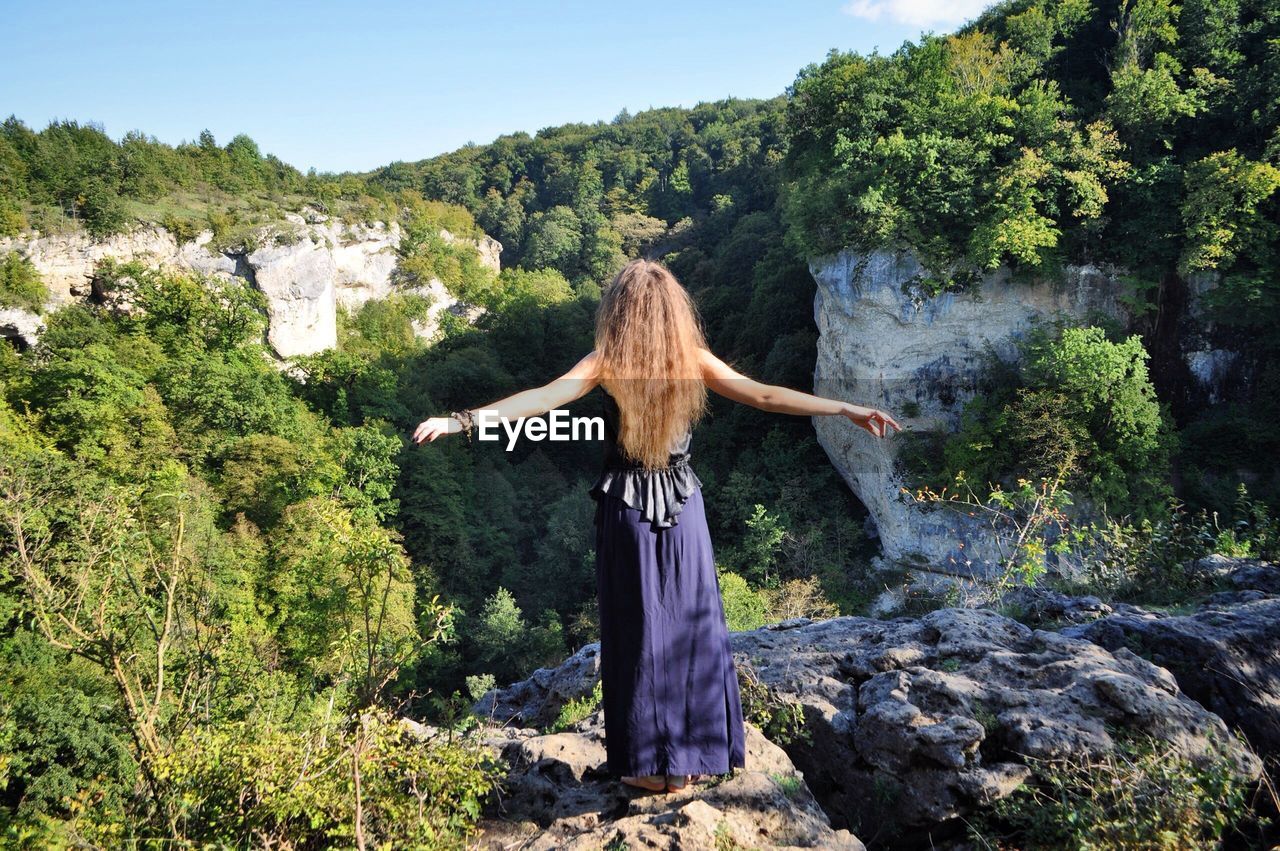 Rear view of woman standing on rock in forest