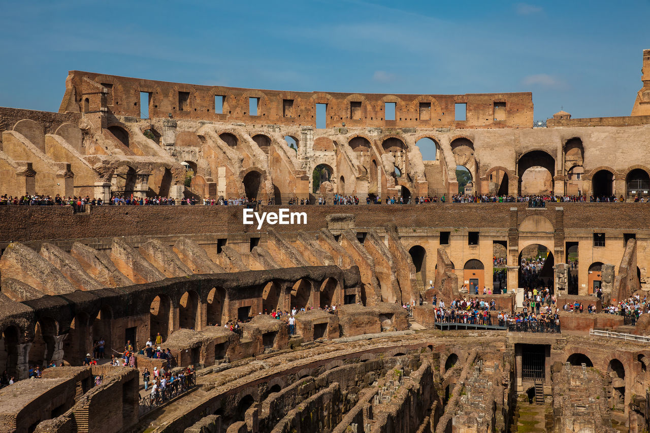 View of the seating areas and the hypogeum of the ancient colosseum in rome