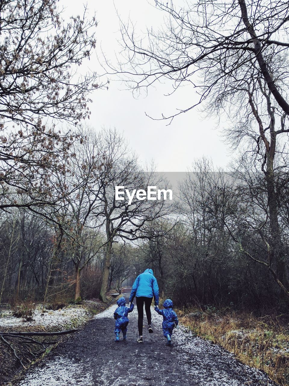 Rear view of family walking on footpath amidst bare trees at forest