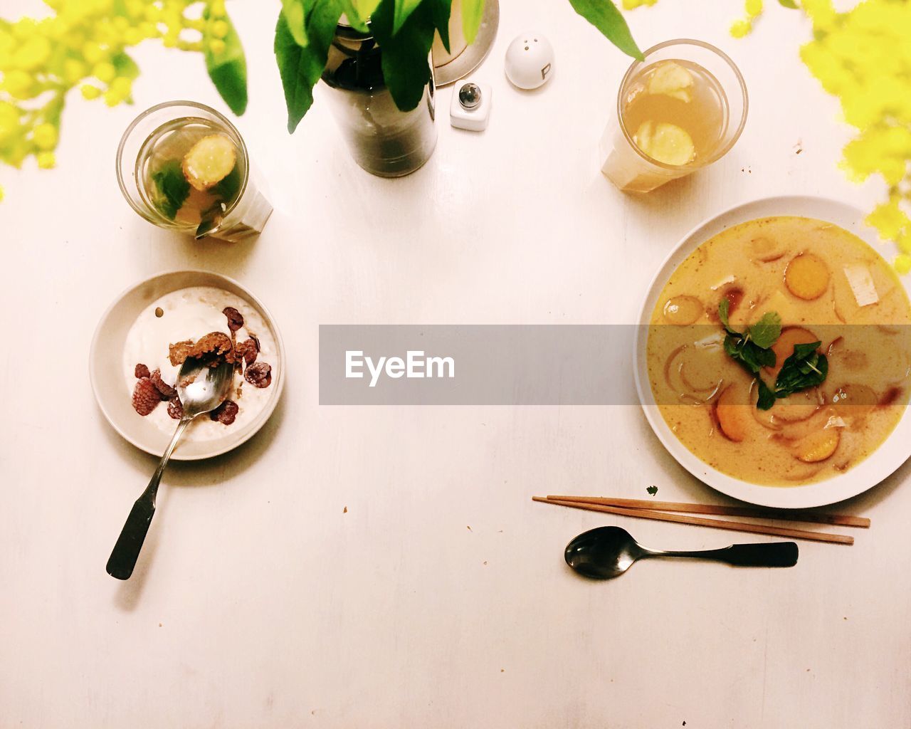 Directly above shot of food and drink on table