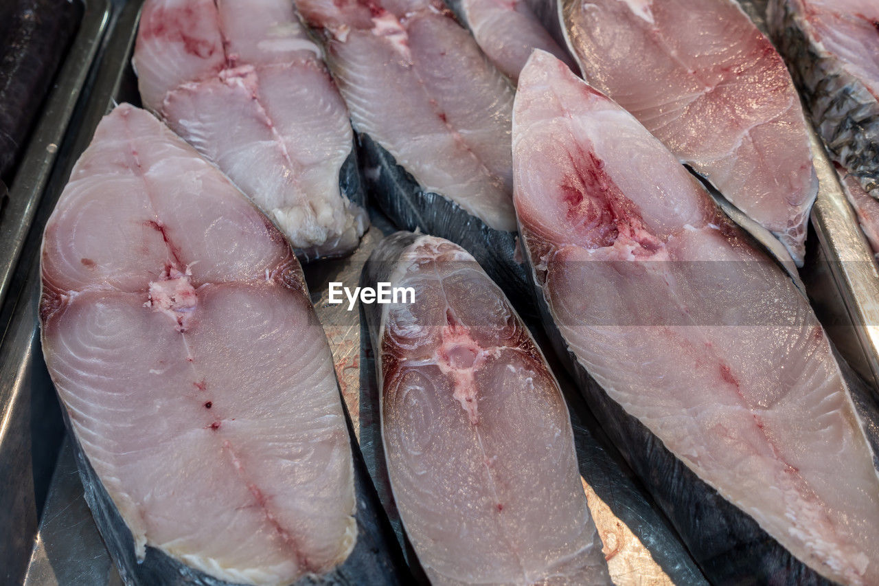 high angle view of fish for sale in market