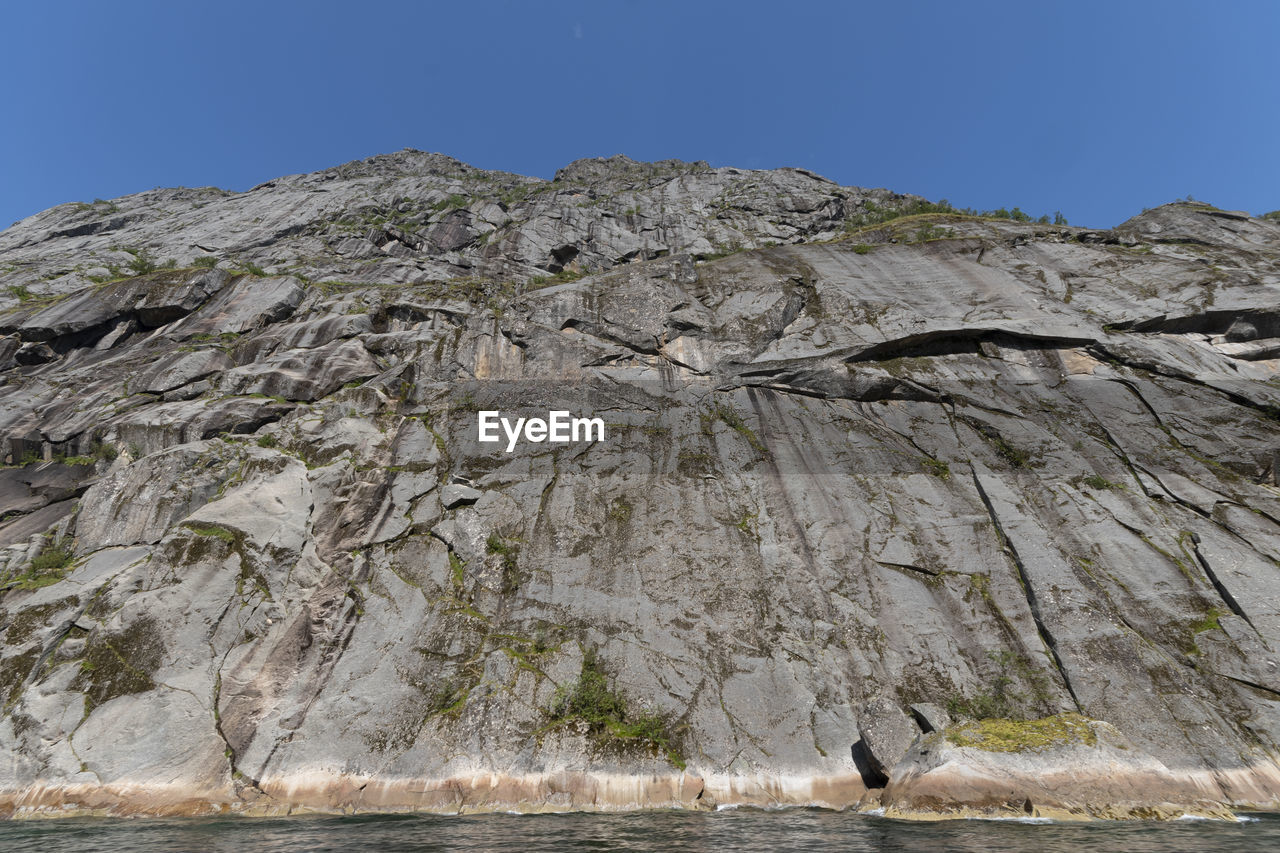 Scenic view of rocks by sea against clear sky